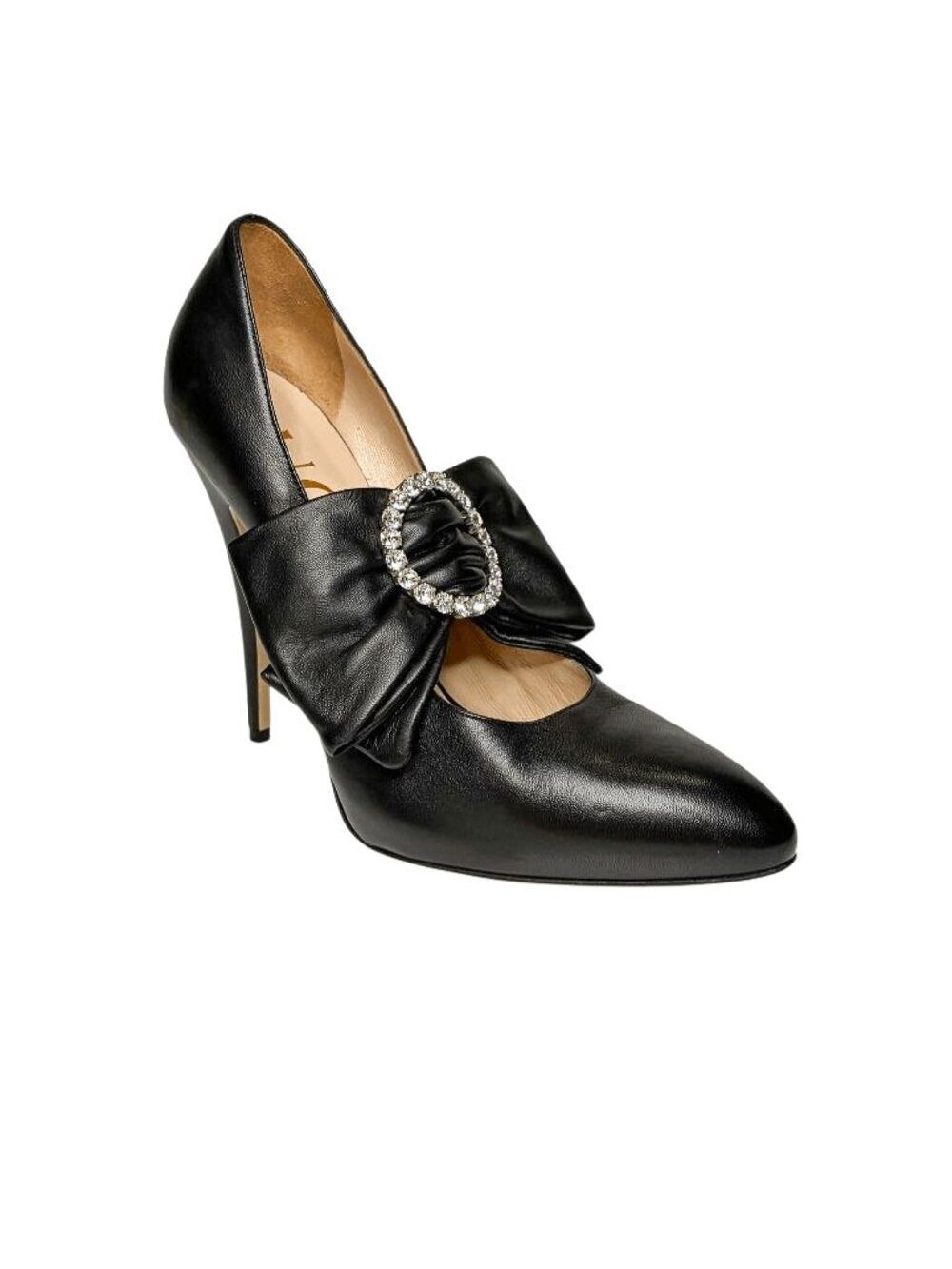Gucci Elaisa Removable Crystal Bow Pumps Black Leather EU 39.5 High Heels Italy